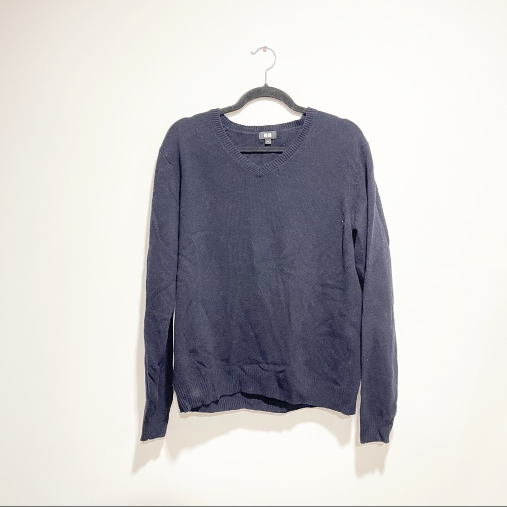 [SOLD] UNIQLO Japan 100% WOOL V-Neck jumper Sweater Dark Navy BLUE/BLACK